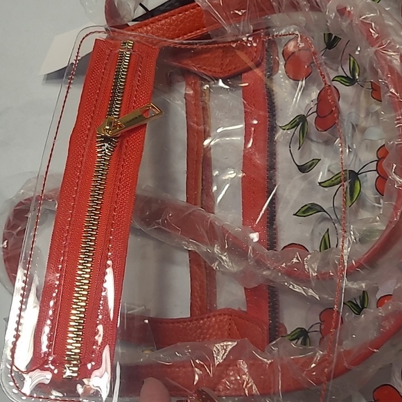 NWT Ed Hardy Red Cherry Print Clear Tote With Clear Mini Zip Bonus Little Bag - Picture 3 of 4